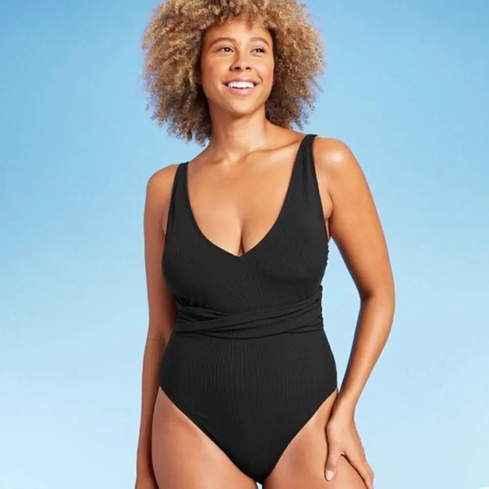 Shade & Shore Ribbed Plunge Twist Front One Piece Swimsuit Black Large